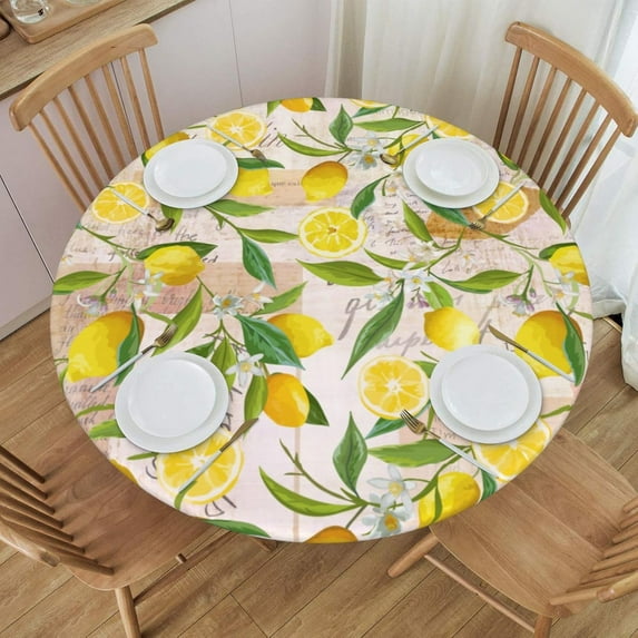 Round Table Cloth Vintage Lemon Flower and Leaves Tablecloth Elastic Edge Fitted Table Cover Up to 36"-44" Diameter