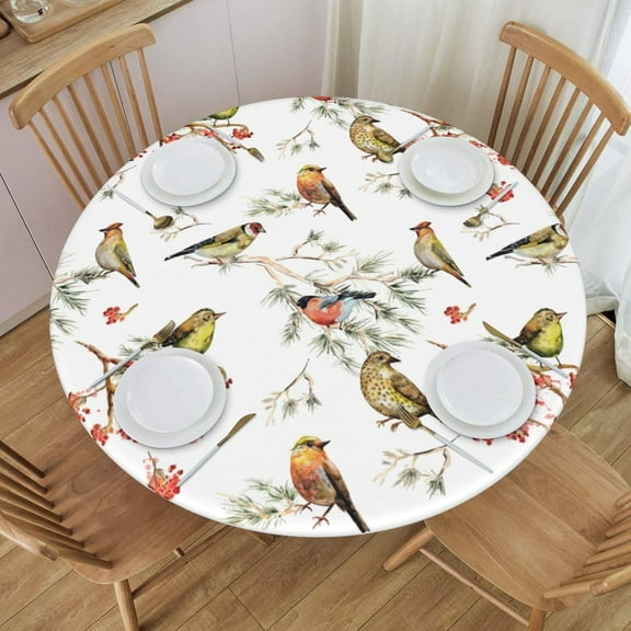 Round Table Cloth Watercolor Bird Tablecloth Elastic Edge Fitted Table Cover Fits Tables Up to 36"-44" Diameter