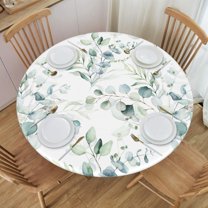 Round Table Cloth Watercolor Green Leaf Tablecloth Elastic Edge Fitted Table Cover Leaves Fits Tables Up to 52 Diameter