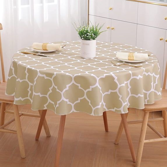 Round Table Cloth, Waterproof Stain Resistant Washable Tablecloth, Moroccan Polyester Table Cover for Dining, Indoor and Outdoor (Khaki and White, 60" Diameter)