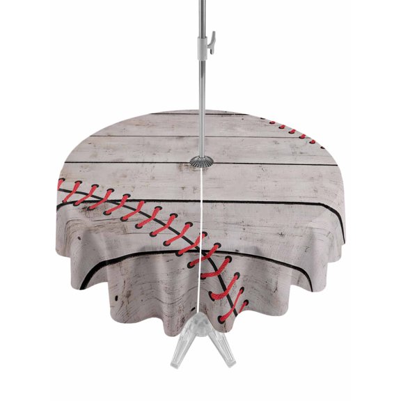 Round Table Cloths 60 Inch, Baseball Outdoor Tablecloth with Umbrella Hole and Zipper, Vintage Wooden Shabby Art Tablecloths, Waterproof Patio Table Covers for Party, Pool