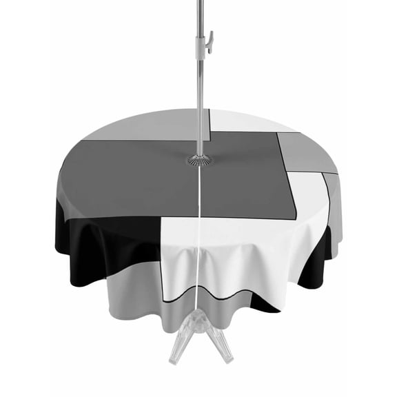 Round Table Cloths 60 Inch, Black Grey Outdoor Tablecloth with Umbrella Hole and Zipper, Middle Century Irregular Geo Abstract Art Tablecloths, Waterproof Patio Table Covers for Party, Pool