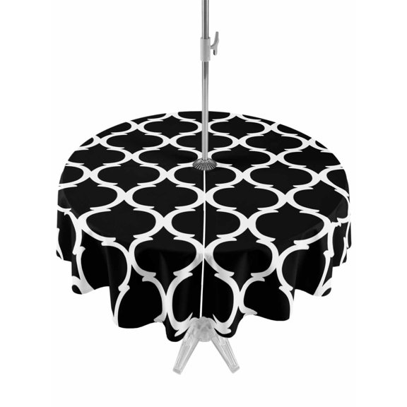 Round Table Cloths 60 Inch, Black Morocco Pattern Outdoor Tablecloth with Umbrella Hole and Zipper, White Moroccan Geometric Art Tablecloths, Waterproof Patio Table Covers for Party, Pool