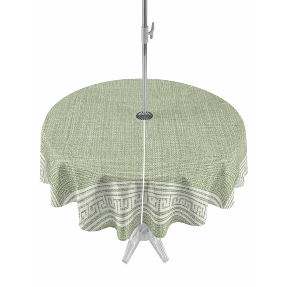 Round Table Cloths 60 Inch, Sage Green Retro Greek Key Outdoor Tablecloth with Umbrella Hole and Zipper, Geometric Greece Ancient Rustic Tablecloths, Waterproof Patio Table Covers for Party, Pool