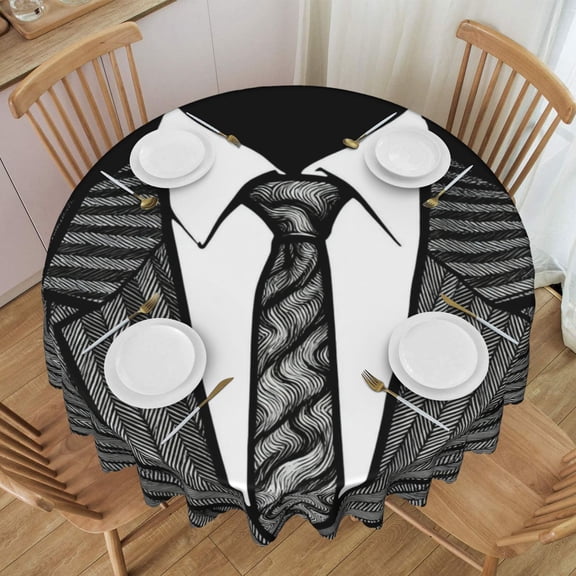 Round Table Cloths 60 Inch Tuxedo Tie Printed Suit Tablecloth Kitchen Dining Christmas Holiday Party Decor Table Cloth