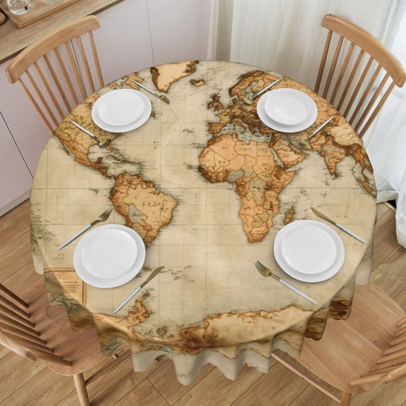 Round Table Cloths 60 Inch Vintage Style World Map Tablecloth Kitchen Dining Christmas Holiday Party Decor Table Cloth