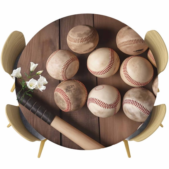 Round Table Cover 36-44 Inch Baseball Waterproof Reusable Table Cloth Round Fitted Vinyl Tablecloth with Elastic Edged for Parties Outdoors, Farmhouse Retro Sport Theme Brown Wooden Grain