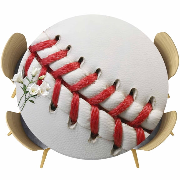 Round Table Cover 36-44 Inch Baseball Waterproof Reusable Table Cloth Round Fitted Vinyl Tablecloth with Elastic Edged for Parties Outdoors, Red White Texture Sports Ball Minimalist