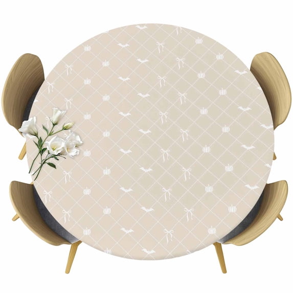 Round Table Cover 36-44 Inch Beige Halloween Waterproof Reusable Table Cloth Round Fitted Vinyl Tablecloth with Elastic Edged for Parties Outdoors, Checkered Bat Bow