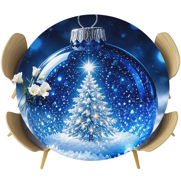 Round Table Cover 36-44 Inch Blue Christmas Ball Waterproof Reusable Table Cloth Round Fitted Vinyl Tablecloth with Elastic Edged for Parties Outdoors, Winter Xmas Tree Shining Snowflake