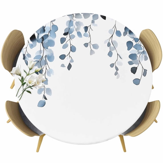 Round Table Cover 36-44 Inch Blue Eucalyptus Leaves Waterproof Reusable Table Cloth Round Fitted Vinyl Tablecloth with Elastic Edged for Parties Outdoors, Summer Farmhouse Botanical