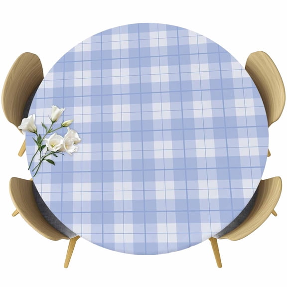 Round Table Cover 36-44 Inch Blue Gingham Waterproof Reusable Table Cloth Round Fitted Vinyl Tablecloth with Elastic Edged for Parties Outdoors, Farmhouse Buffalo Plaid Checkeredv