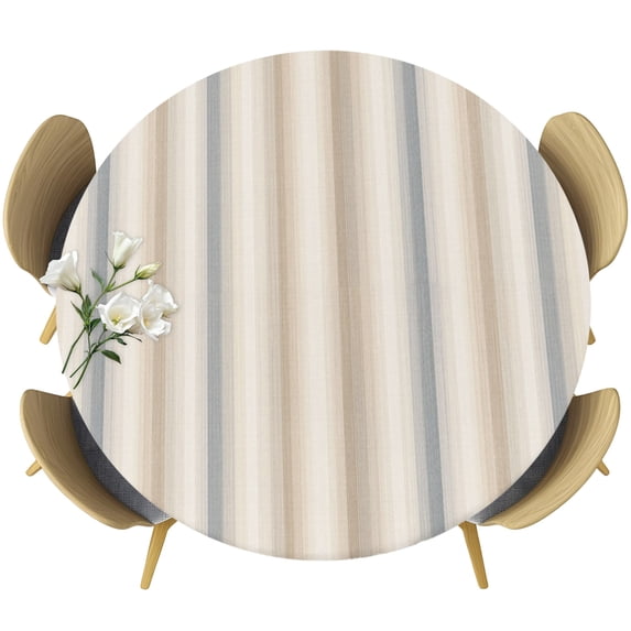 Round Table Cover 36-44 Inch Brown Gray Striped Waterproof Reusable Table Cloth Round Fitted Vinyl Tablecloth with Elastic Edged for Parties Outdoors, Modern Boho Stripes Minimalist