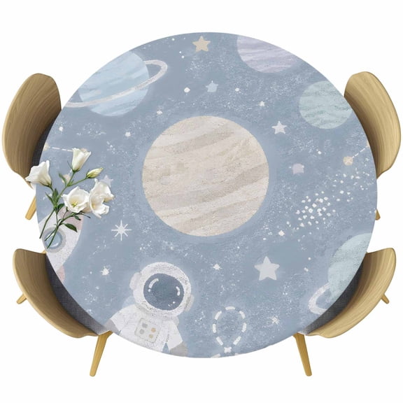 Round Table Cover 36-44 Inch Cartoon Universe Waterproof Reusable Table Cloth Round Fitted Vinyl Tablecloth with Elastic Edged for Parties Outdoors, Retro Blue Outer Space Moon Rocket