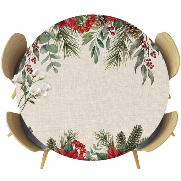 Round Table Cover 36-44 Inch Christmas Poinsettia Waterproof Reusable Table Cloth Round Fitted Vinyl Tablecloth with Elastic Edged for Parties Outdoors, Xmas Pinecones Pine Needle Rustic