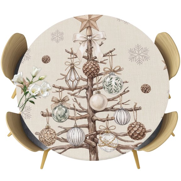Round Table Cover 36-44 Inch Christmas Tree Waterproof Reusable Table Cloth Round Fitted Vinyl Tablecloth with Elastic Edged for Parties Outdoors, Beige Xmas Balls Withered Branch Snowflakes