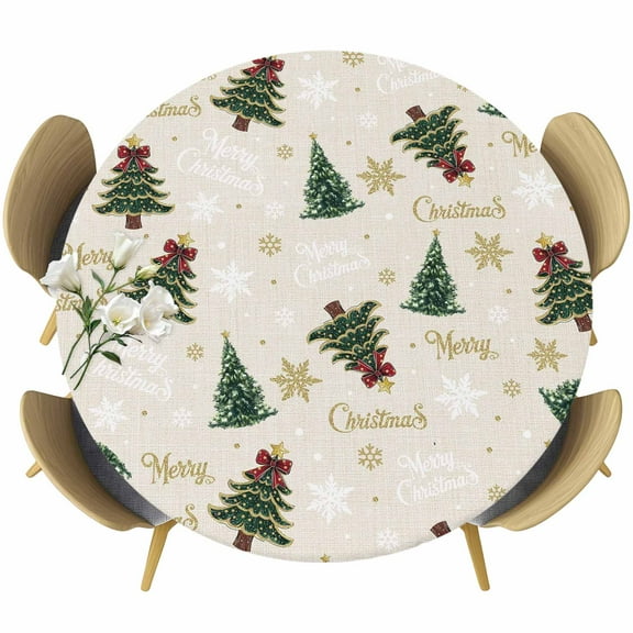 Round Table Cover 36-44 Inch Christmas Waterproof Reusable Table Cloth Round Fitted Vinyl Tablecloth with Elastic Edged for Parties Outdoors, Winter Pine Tree Gold White Xmas Snowflakes