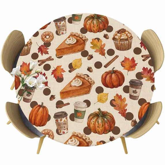 Round Table Cover 36-44 Inch Fall Pumpkins Waterproof Reusable Table Cloth Round Fitted Vinyl Tablecloth with Elastic Edged for Parties Outdoors, Pie Food Thanksgiving Maple Leaves