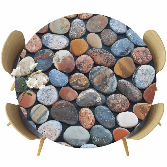 Round Table Cover 36-44 Inch Farmhouse Stone Waterproof Reusable Table Cloth Round Fitted Vinyl Tablecloth with Elastic Edged for Parties Outdoors, Vintage Rustic Nature Geometric Wall