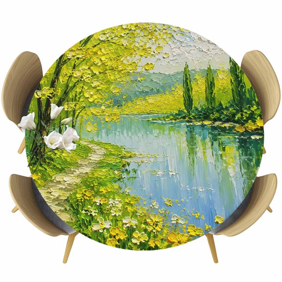 Round Table Cover 36-44 Inch Grassy Path Waterproof Reusable Table Cloth Round Fitted Vinyl Tablecloth with Elastic Edged for Parties Outdoors, Rustic River Wildflowers Trees Retro Oil Painting