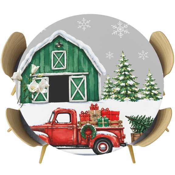 Round Table Cover 36-44 Inch Gray Christmas Waterproof Reusable Table Cloth Round Fitted Vinyl Tablecloth with Elastic Edged for Parties Outdoors, Winter Barn Xmas Tree Snowflake Truck