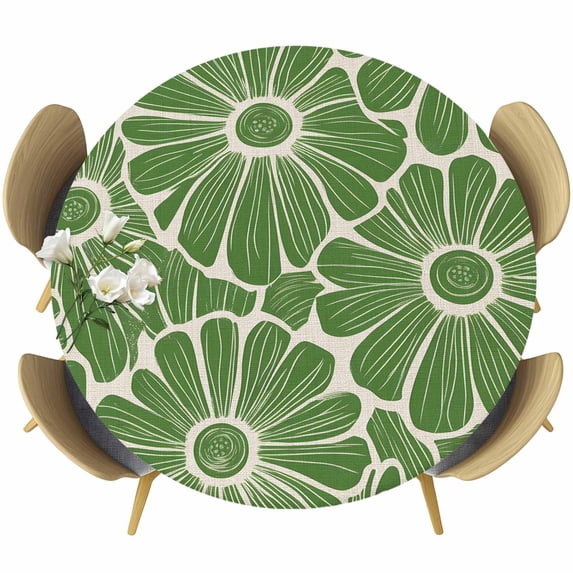 Round Table Cover 36-44 Inch Green Spring Floral Waterproof Reusable Table Cloth Round Fitted Vinyl Tablecloth with Elastic Edged for Parties Outdoors, Pastoral Flower Abstract Art