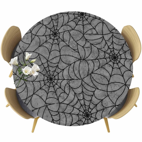 Round Table Cover 36-44 Inch Grey Halloween Waterproof Reusable Table Cloth Round Fitted Vinyl Tablecloth with Elastic Edged for Parties Outdoors, Black Spiders Net Classic Gingham