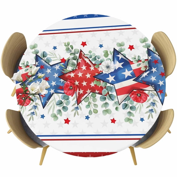 Round Table Cover 36-44 Inch Independence Day Waterproof Reusable Table Cloth Round Fitted Vinyl Tablecloth with Elastic Edged for Parties Outdoors, Star Stripe Flag Eucalyptus Red Blue
