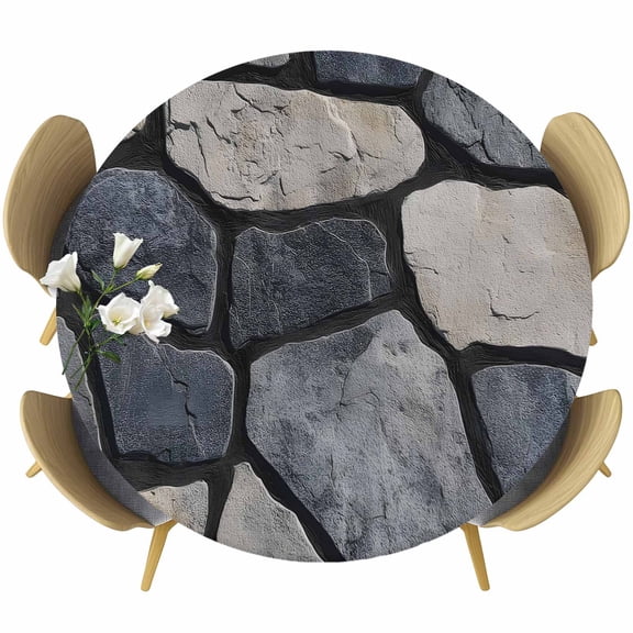 Round Table Cover 36-44 Inch Natural Stone Waterproof Reusable Table Cloth Round Fitted Vinyl Tablecloth with Elastic Edged for Parties Outdoors, Farmhouse Rustic Geometric Wall