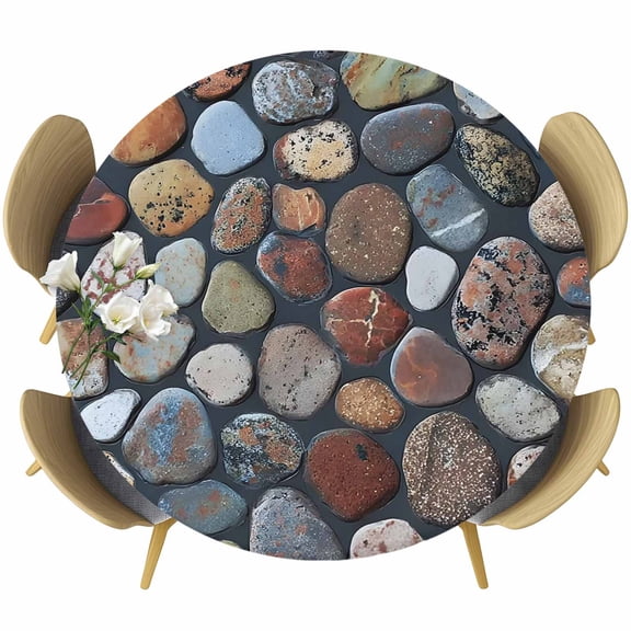 Round Table Cover 36-44 Inch Natural Stones Waterproof Reusable Table Cloth Round Fitted Vinyl Tablecloth with Elastic Edged for Parties Outdoors, Retro Farmhouse Colorful Chic Wall