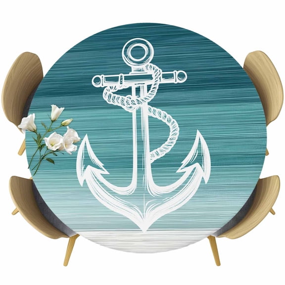 Round Table Cover 36-44 Inch Nautical Anchor Teal Green Waterproof Reusable Table Cloth Round Fitted Vinyl Tablecloth with Elastic Edged for Parties Outdoors, Coastal Ocean Ombre Striped