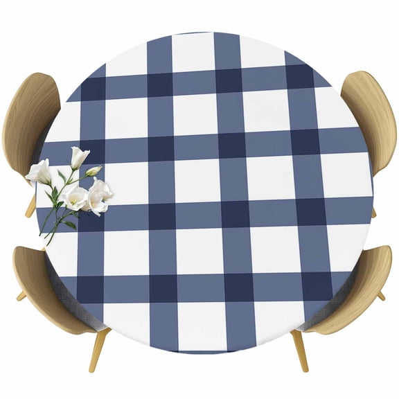 Round Table Cover 36-44 Inch Navy Blue Plaid Check, Waterproof Reusable Table Cloth Round Fitted Vinyl Tablecloth with Elastic Edged for Parties Outdoors, Geometrical Abstract Lattice