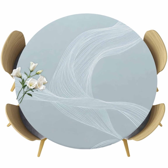Round Table Cover 36-44 Inch Pale Blue Line Art Waterproof Reusable Table Cloth Round Fitted Vinyl Tablecloth with Elastic Edged for Parties Outdoors, Modern Abstract Art Luxury
