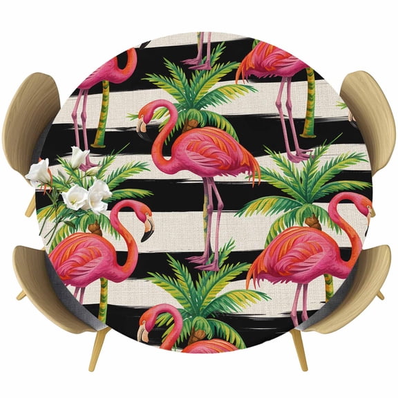 Round Table Cover 36-44 Inch Pink Flamingo Waterproof Reusable Table Cloth Round Fitted Vinyl Tablecloth with Elastic Edged for Parties Outdoors, Palm Leaf Black Striped Tropical Plant