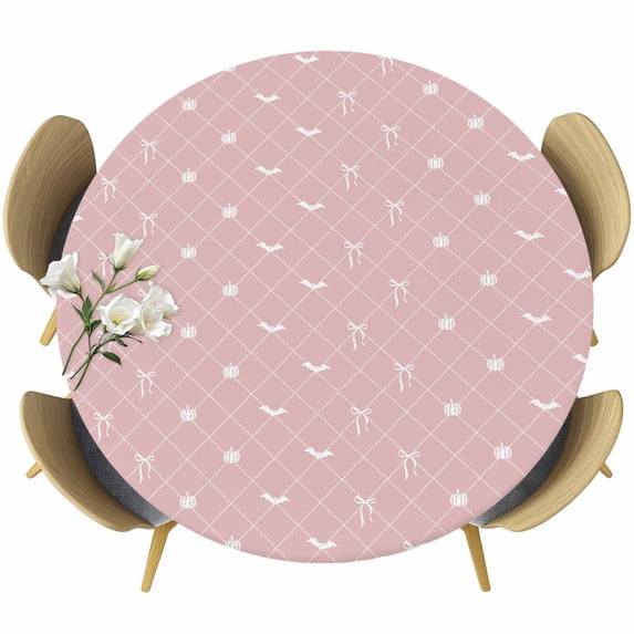 Round Table Cover 36-44 Inch Pink Halloween Waterproof Reusable Table Cloth Round Fitted Vinyl Tablecloth with Elastic Edged for Parties Outdoors, Checkered Bat Bow