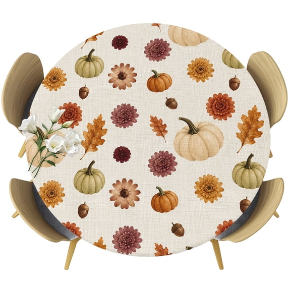 Round Table Cover 36-44 Inch Pumpkins Fall Waterproof Reusable Table Cloth Round Fitted Vinyl Tablecloth with Elastic Edged for Parties Outdoors, Maple Leaves Floral Botanical Thanksgiving