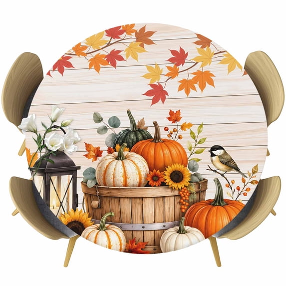 Round Table Cover 36-44 Inch Pumpkins Fall Waterproof Reusable Table Cloth Round Fitted Vinyl Tablecloth with Elastic Edged for Parties Outdoors, Thanksgiving Wooden Leaves Checkered