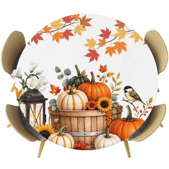 Round Table Cover 36-44 Inch Pumpkins Fall Waterproof Reusable Table Cloth Round Fitted Vinyl Tablecloth with Elastic Edged for Parties Outdoors, Thanksgiving Leaves Floral Checkered