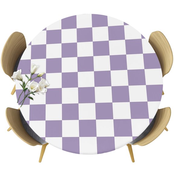 Round Table Cover 36-44 Inch Purple Checkered Waterproof Reusable Table Cloth Round Fitted Vinyl Tablecloth with Elastic Edged for Parties Outdoors, Geometric Purple Buffalo Plaid