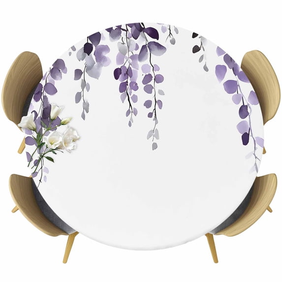 Round Table Cover 36-44 Inch Purple Eucalyptus Leaves Waterproof Reusable Table Cloth Round Fitted Vinyl Tablecloth with Elastic Edged for Parties Outdoors, Watercolor Summer Botanical