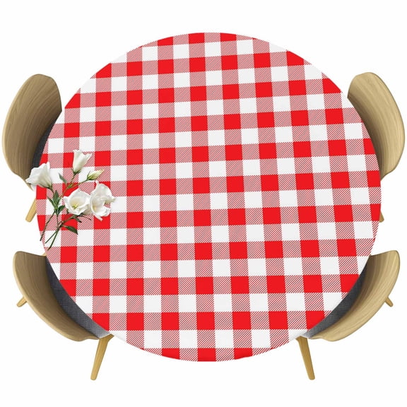 Round Table Cover 36-44 Inch Red White Plaid Waterproof Reusable Table Cloth Round Fitted Vinyl Tablecloth with Elastic Edged for Parties Outdoors, Modern Farmhouse Buffalo Check Gingham