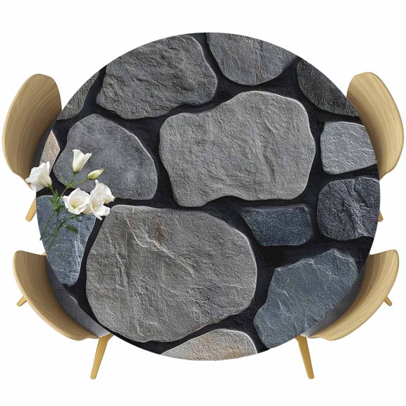 Round Table Cover 36-44 Inch Rustic Stone Wall Waterproof Reusable Table Cloth Round Fitted Vinyl Tablecloth with Elastic Edged for Parties Outdoors, Farmhouse Natural Country Art