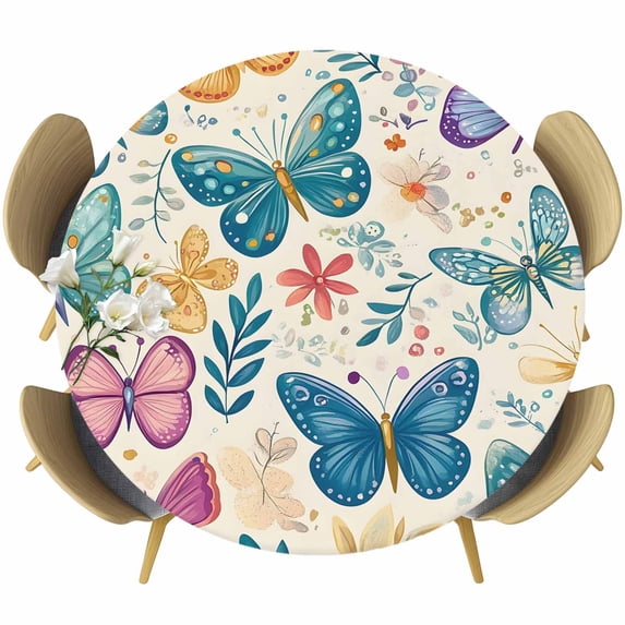 Round Table Cover 36-44 Inch Spring Butterflies Waterproof Reusable Table Cloth Round Fitted Vinyl Tablecloth with Elastic Edged for Parties Outdoors, Summer Countryside Leaf Flowers