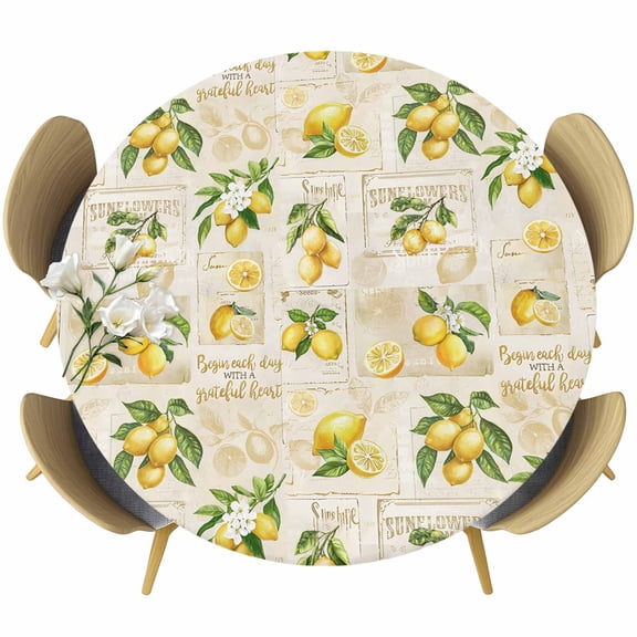 Round Table Cover 36-44 Inch Summer Lemons Waterproof Reusable Table Cloth Round Fitted Vinyl Tablecloth with Elastic Edged for Parties Outdoors, Retro Country Botanical Plants Fruit