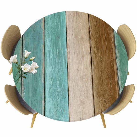 Round Table Cover 36-44 Inch Teal Green Brown Waterproof Reusable Table Cloth Round Fitted Vinyl Tablecloth with Elastic Edged for Parties Outdoors, Vintage Farmhouse Art Wooden Retro
