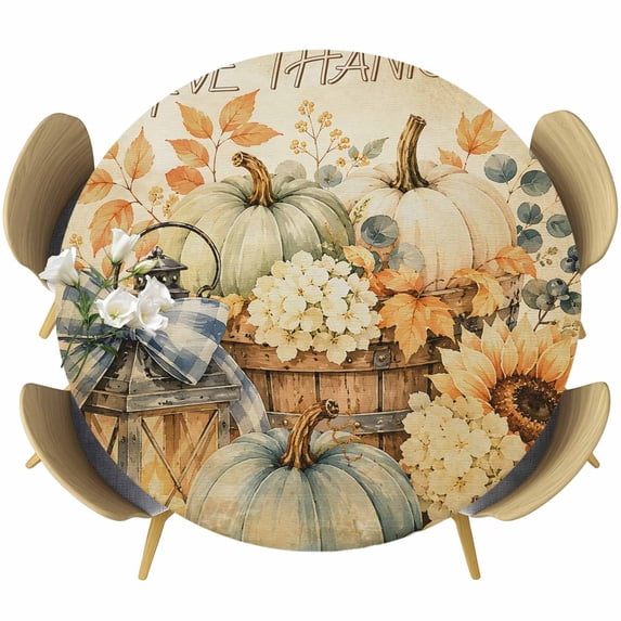 Round Table Cover 36-44 Inch Thanksgiving Fall Waterproof Reusable Table Cloth Round Fitted Vinyl Tablecloth with Elastic Edged for Parties Outdoors, Blue Green Pumpkin Sunflowers Maple Leaf