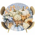 thumbnail image 1 of Round Table Cover 36-44 Inch Thanksgiving Fall Waterproof Reusable Table Cloth Round Fitted Vinyl Tablecloth with Elastic Edged for Parties Outdoors, Green Pumpkin Flowers Maple Blue Plaid, 1 of 8