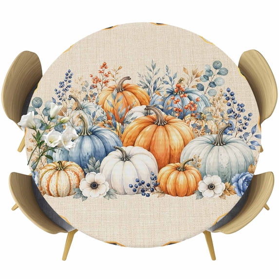 Round Table Cover 36-44 Inch Thanksgiving Fall Waterproof Reusable Table Cloth Round Fitted Vinyl Tablecloth with Elastic Edged for Parties Outdoors, Rustic Orange Blue Pumpkin Black Plaid