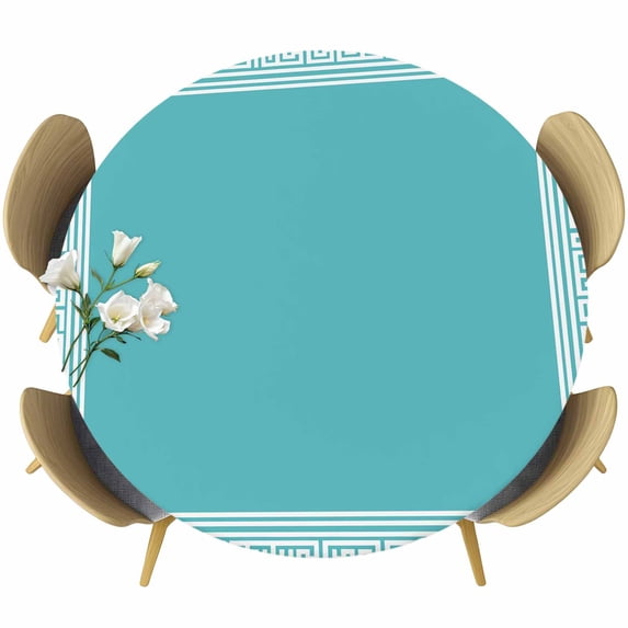 Round Table Cover 36-44 Inch Turquoise Waterproof Reusable Table Cloth Round Fitted Vinyl Tablecloth with Elastic Edged for Parties Outdoors, Geometric Boho Ethnic Tile Chic Monochrome