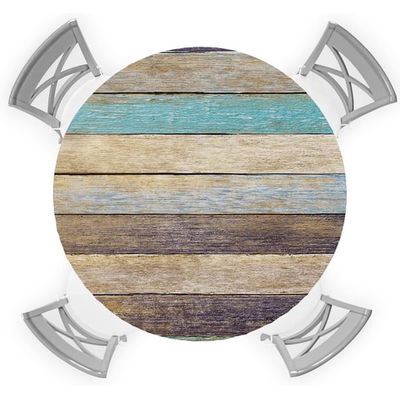 Round Table Cover 36-44 Inch, Waterproof Reusable Table Cloth Round Fitted Vinyl Tablecloth with Elastic Edged for Parties Outdoors, American Country Style Vintage Wood Texture Brown and Green